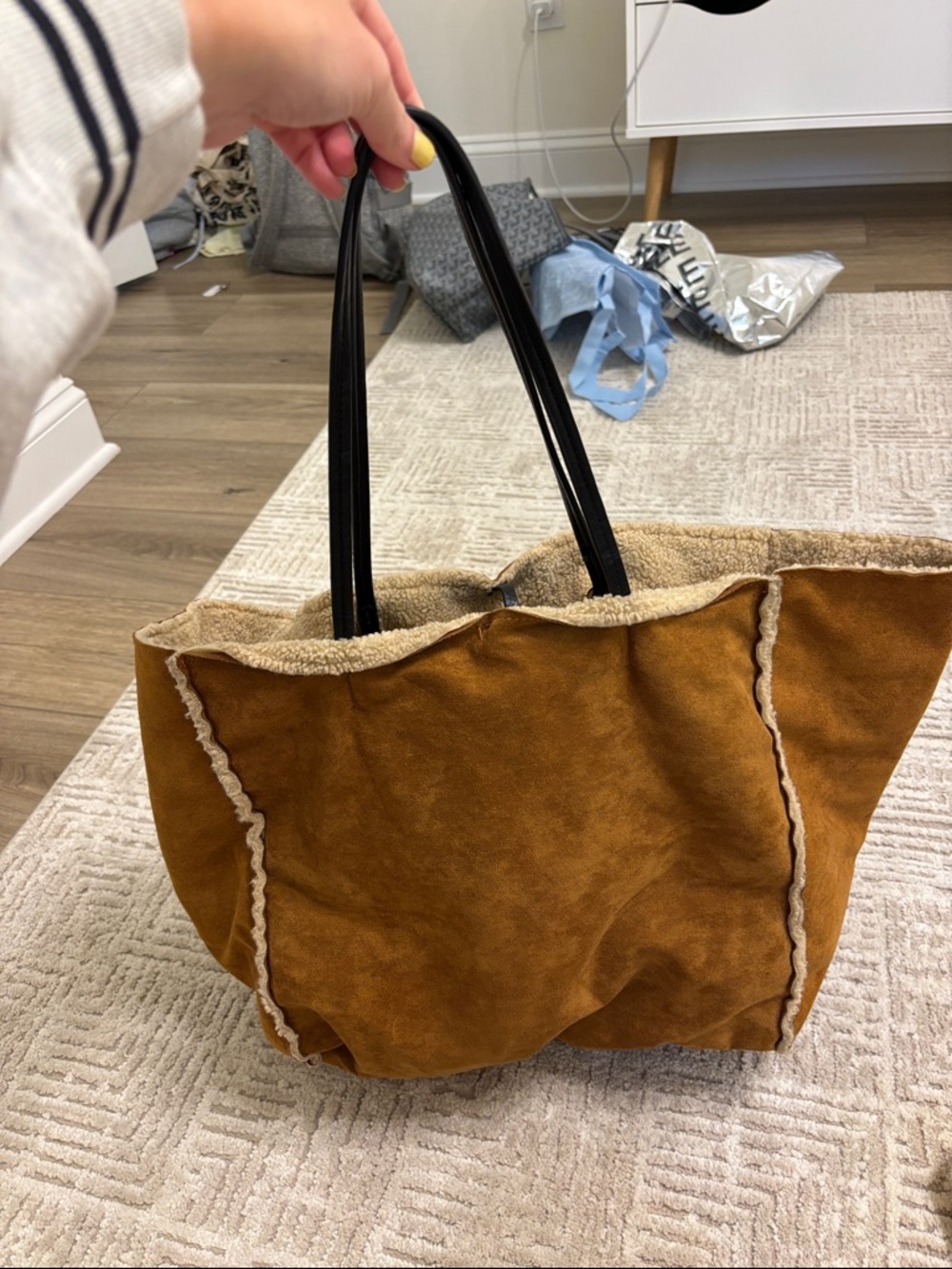 Suede Tote Bag with Faux-Shearling Trim - Brown